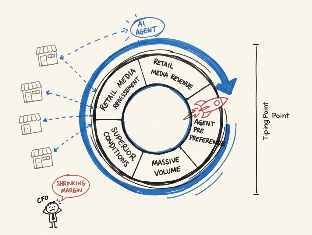 Strategic diagram showing how aggressive Retail Media reinvestment combined with AI agent price transparency creates a monopoly tipping point in e-commerce.