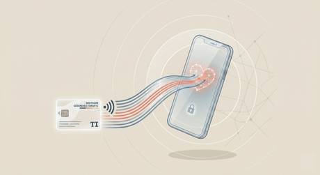Abstract illustration of an NFC interaction between a smartphone and an eGK card.