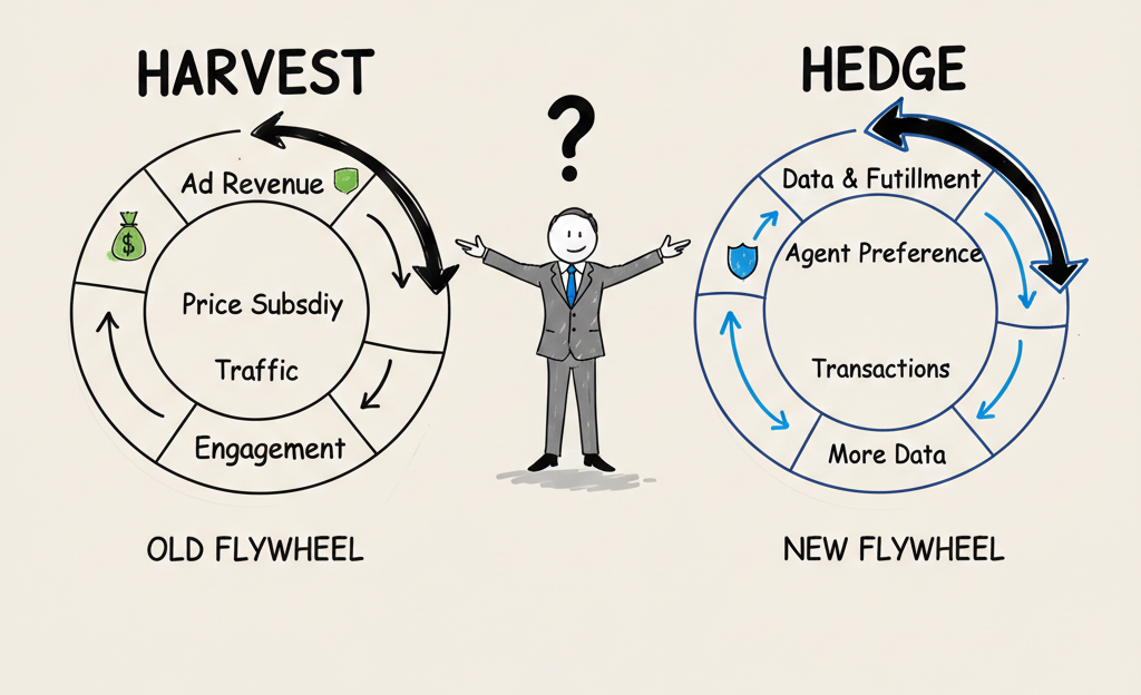 Diagram showing the Harvest and Hedge dual strategy — the old Retail Media flywheel on the left (Ad Revenue → Price Subsidy → Traffic → Engagement) alongside the new flywheel on the right (Data & Fulfillment → Agent Preference → Transactions → More Data)